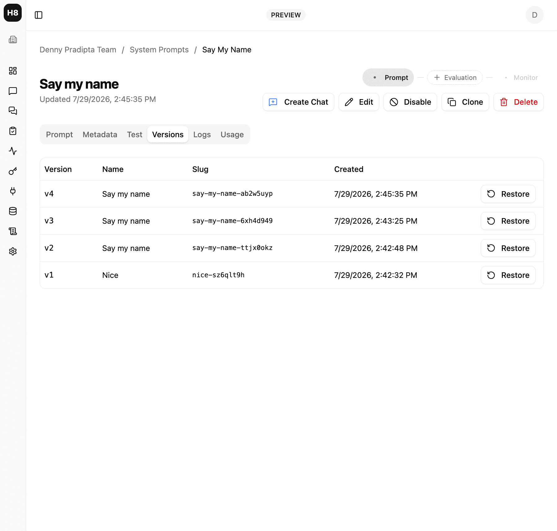 Hydra8 system prompt editor with version history list