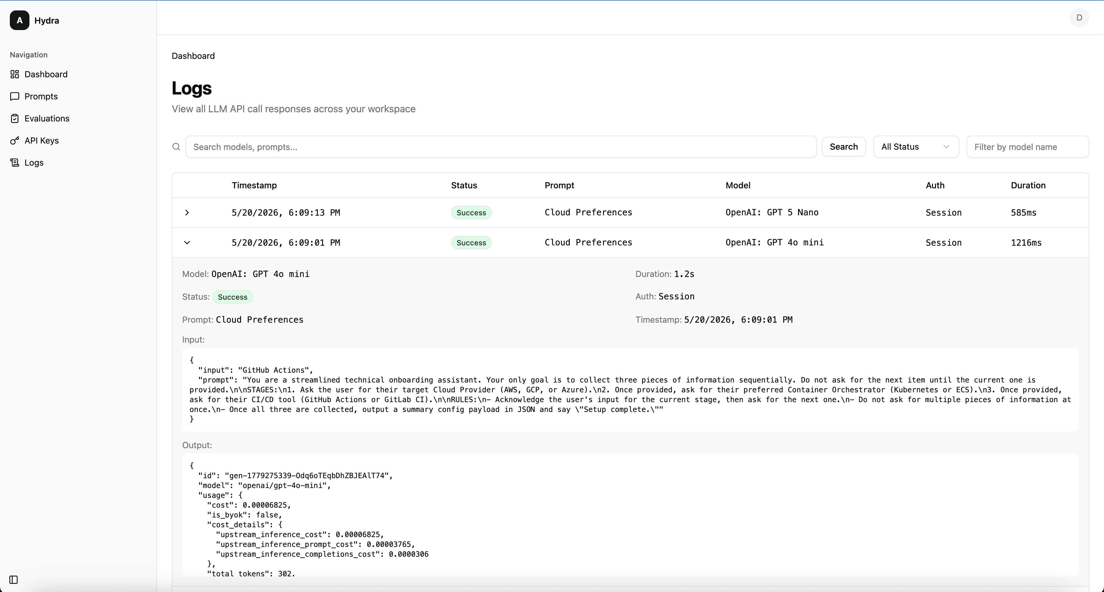 Hydra8 request logs table showing prompt invocations, tokens, latency, and status
