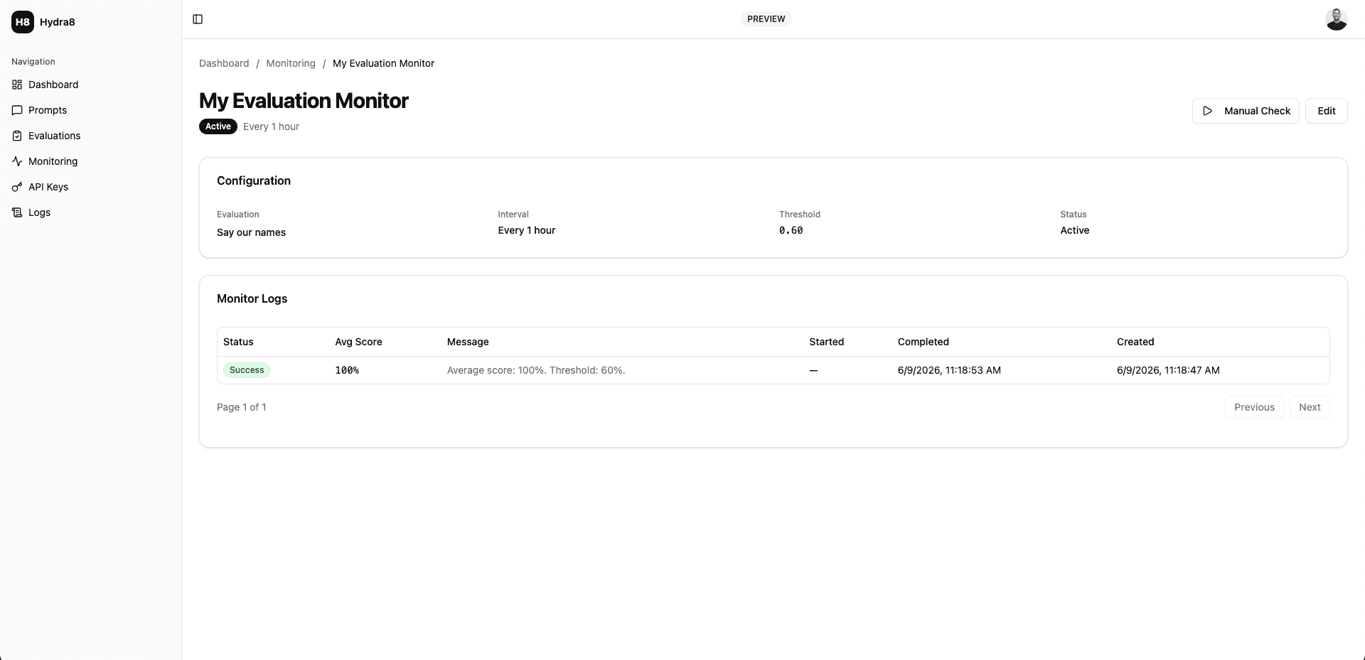 Hydra8 monitoring dashboard with quality score charts and alert threshold configuration